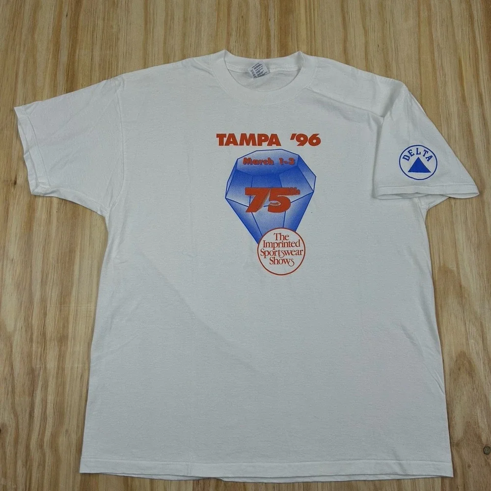 Vintage 1996 Delta Tampa T-Shirt Imprinted Sportswear‎ Show T Shirt XL White